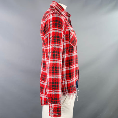 HOLLYWOOD TRADING CO Size L Red Black White Plaid Distressed Cotton Long Sleeve Shirt