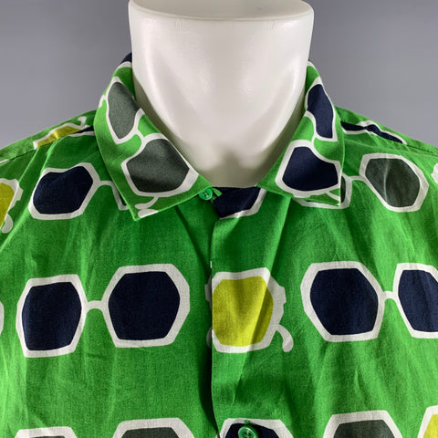 MR TURK Size XL Green Navy White Graphic Cotton Camp Short Sleeve Shirt