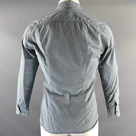 LANVIN Size S White Teal Gingham Cotton Point Collar Long Sleeve Shirt