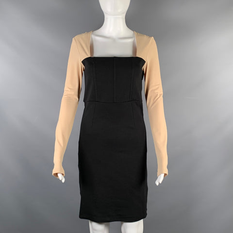 ALICE + OLIVIA Size 6 Black Nude Rayon Blend Color Block Long Sleeve Dress