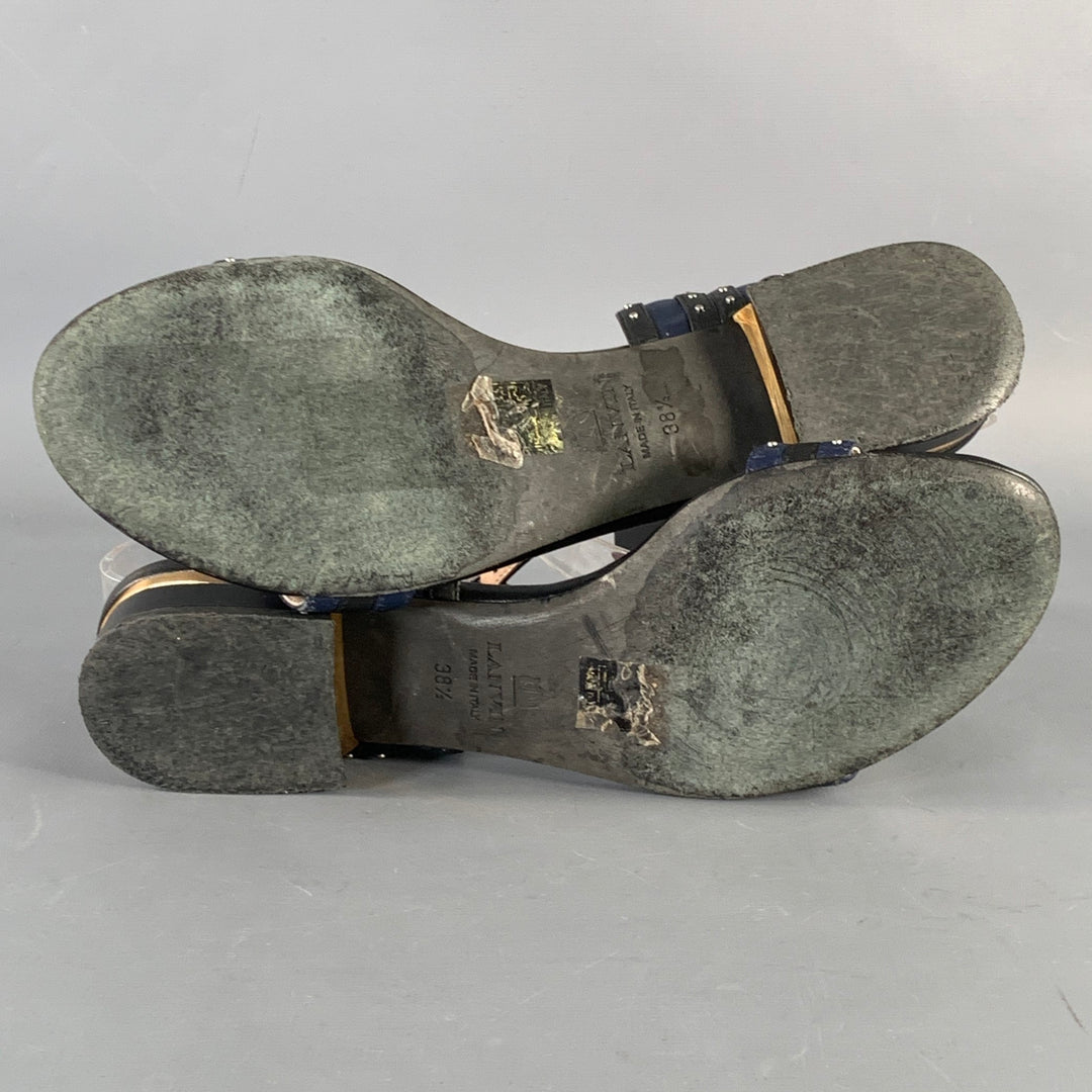 LANVIN Size 8.5 Navy Black Leather Studded Ankle Strap Sandals