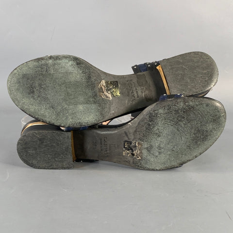 LANVIN Size 8.5 Navy Black Leather Studded Ankle Strap Sandals