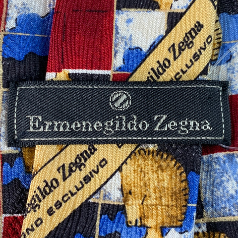 ERMENEGILDO ZEGNA Burgundy Blue Horses Chessboard Squares Silk Tie