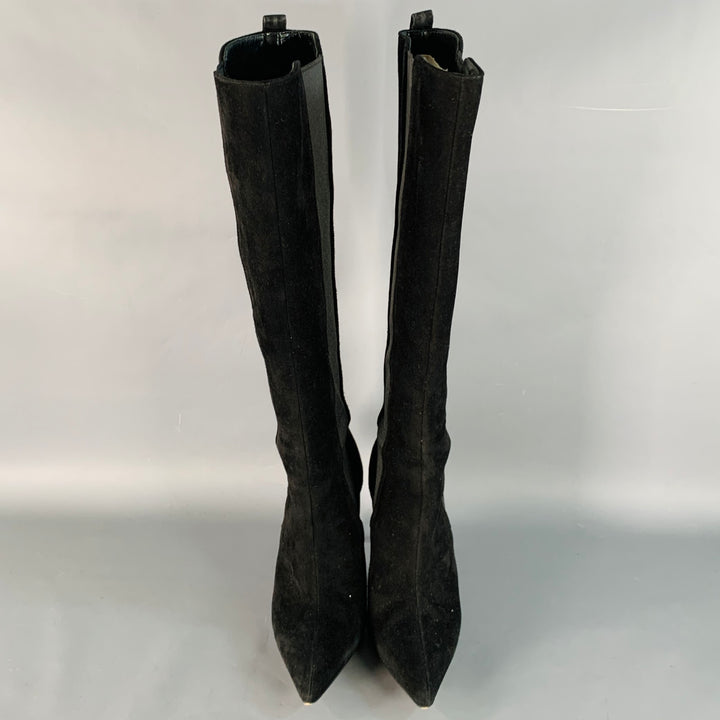 MANOLO BLAHNIK Size 8.5 Black Suede Pull On Pointed Toe Stiletto Boots