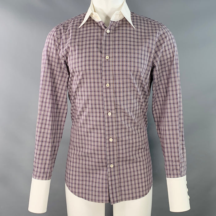 DSQUARED2 Size 40 White Navy Brown Plaid Cotton Contrast Trim Long Sleeve Shirt