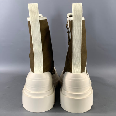 BOTTEGA VENETA Size 13.5 Green Cream Canvas Ankle Boots