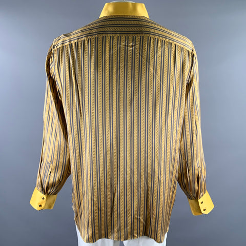 GERLIN Size XL Gold Grey Stripe Silk Pointed Collar Long Sleeve Shirt