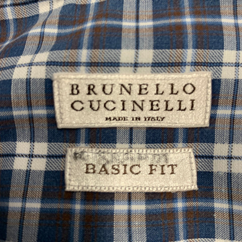 BRUNELLO CUCINELLI Size L Blue White Checkered Cotton Basic Fit Long Sleeve Shirt