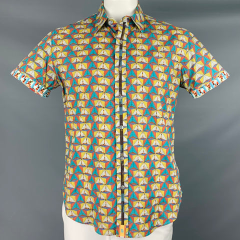 ROBERT GRAHAM Talla L Camisa de manga corta con botones de algodón geométrico multicolor