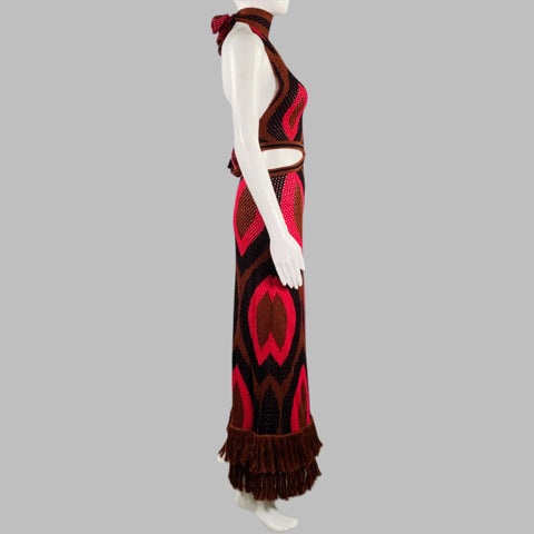 JOHANNA ORTIZ Size XS Brown Black Pink Cotton Abstract Halter Dress