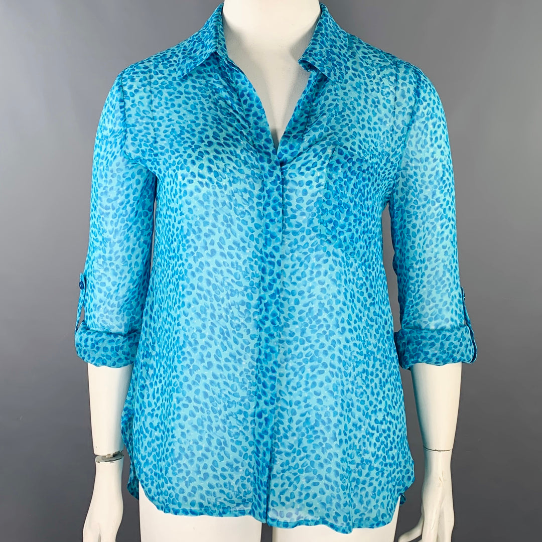 DIANE VON FURSTENBERG Size 12 Aqua Blue Silk Abstract Hidden Buttons Shirt