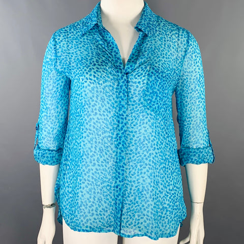 DIANE VON FURSTENBERG Size 12 Aqua Blue Silk Abstract Hidden Buttons Shirt