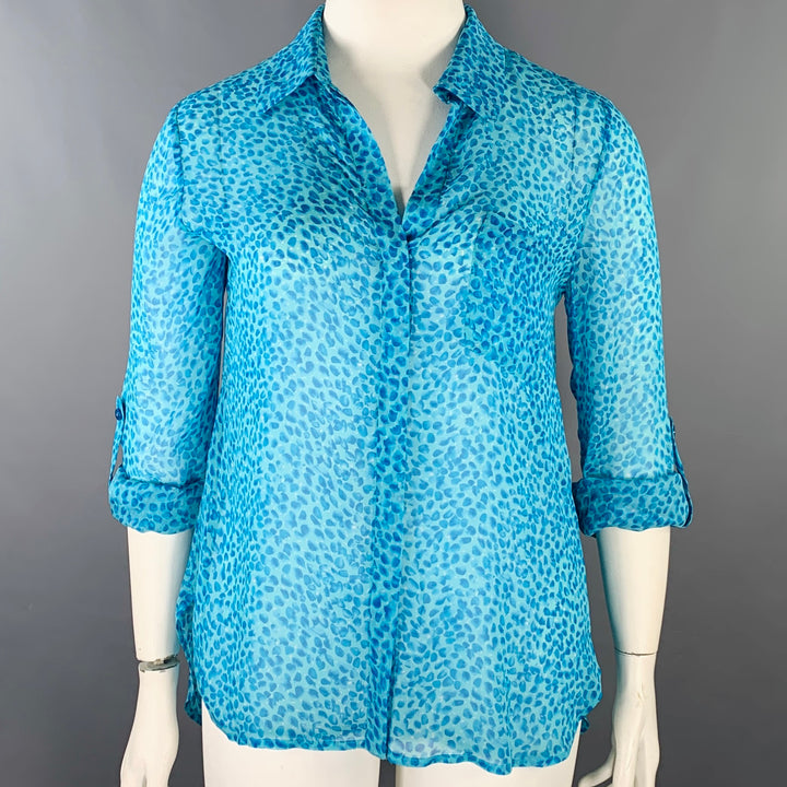 DIANE VON FURSTENBERG Size 12 Aqua Blue Silk Abstract Hidden Buttons Shirt