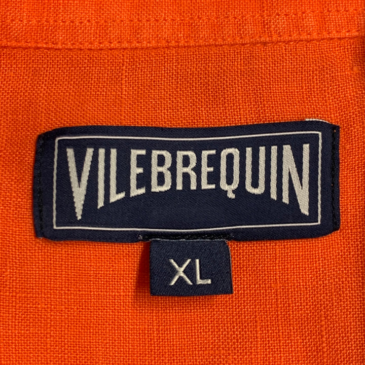 VILEBREQUIN Size XL Orange Linen One Pocket Long Sleeve Shirt