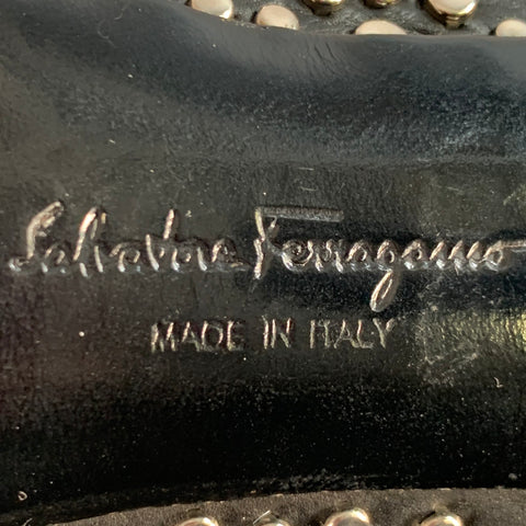 SALVATORE FERRAGAMO Size 5 Black Silver Leather Studded Bow Pumps