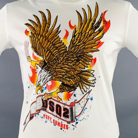 DSQUARED2 Size XL White Multi Color Bald Eagle Graphic Cotton Short Sleeve T-shirt