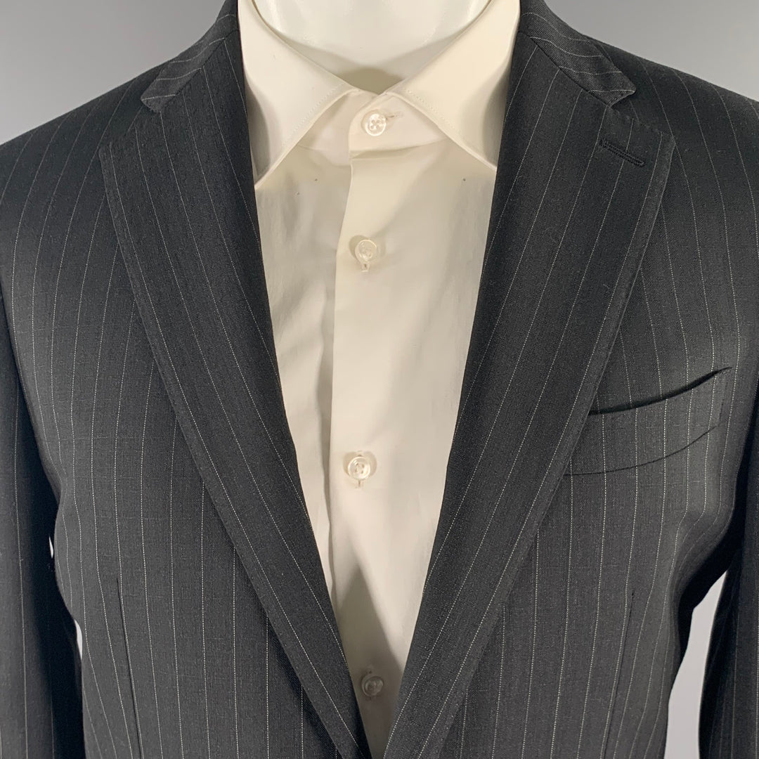 D'URBAN Chest Size 40 Black Silver Pinstripe Wool Notch Lapel Suit