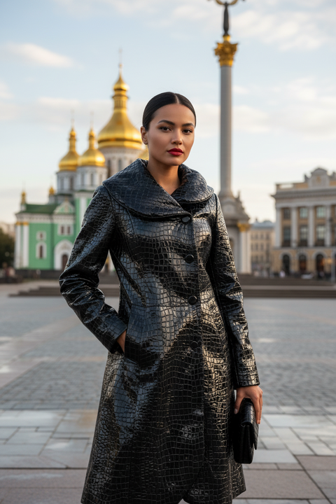 Black leather embossed coat with rabbit fur lining, featuring a large collar, double breasted closure, and slit pockets, displayed on a mannequin.