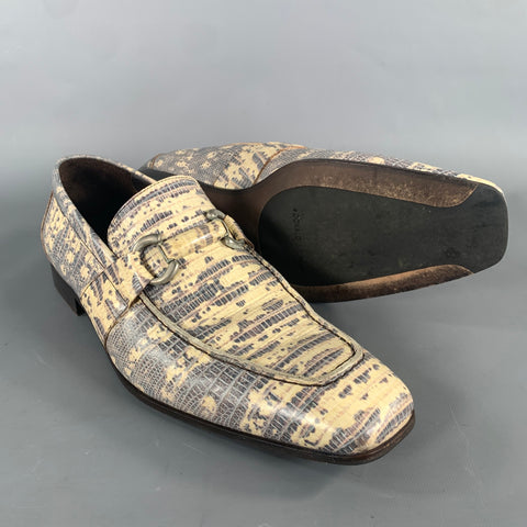DONALD J PLINER Size 9.5 Grey Beige Snake print Leather Horsebit Loafers