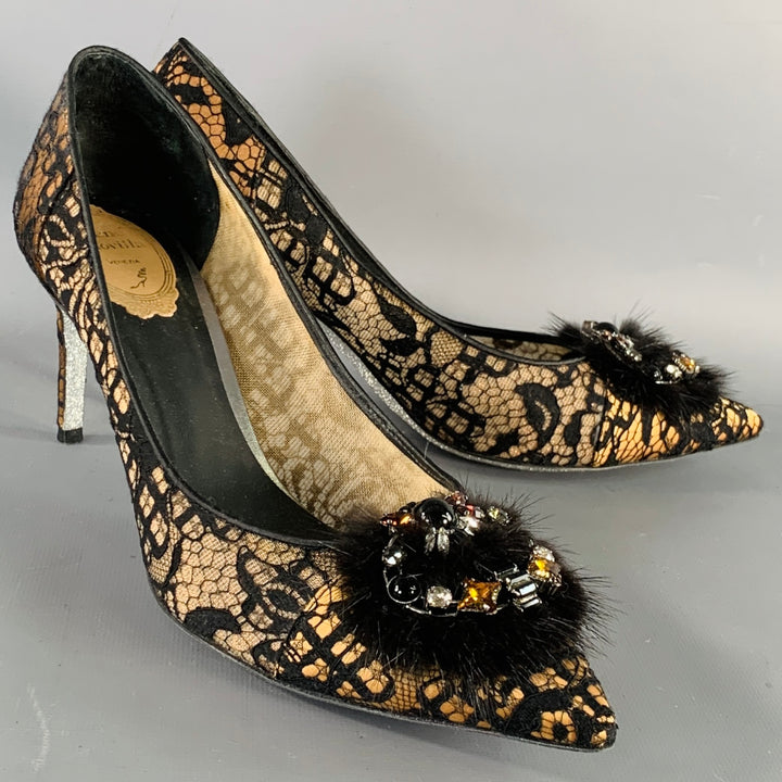 RENE CAOVILLA Size 10.5 Brown Black Lace Rhinestones Pointed Toe Stiletto Pumps