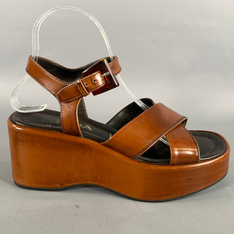PRADA Size 8 Brown Black Leather Slingback Wedges