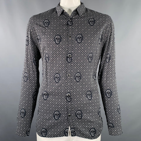 THE KOOPLES Size XL Black White Skulls Viscose Snaps Long Sleeve Shirt