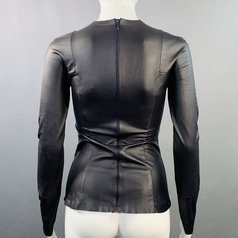 CELINE Size 2 Black Lambskin Leather Long Sleeve Back Zipper Dress Top