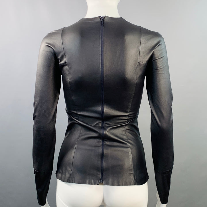 CELINE Size 2 Black Lambskin Leather Long Sleeve Back Zipper Dress Top