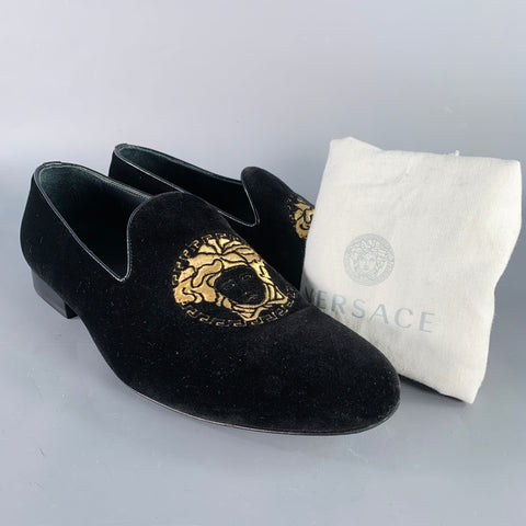 VERSACE Size 9 Black Gold Embroidery Velvet Medusa Head Slip On Loafers