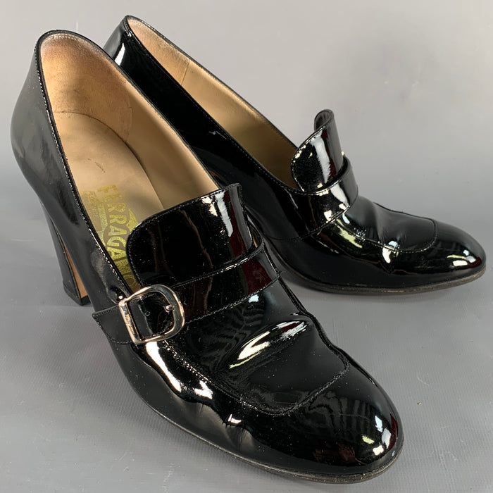 SALVATORE FERRAGAMO Size 9 Black Patent Leather Chunky heel Pumps