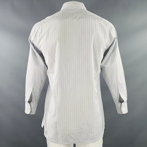 CHARVET Size L White Navy Green Stripe Cotton Curved Cutaway Long Sleeve Shirt