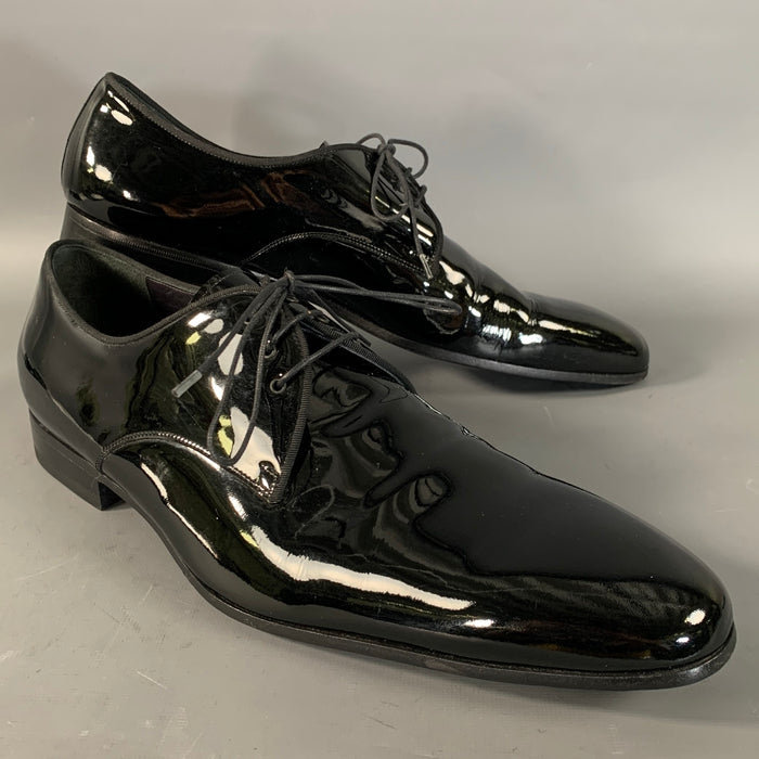 LANVIN Size 11 Black Patent Leather Tuxedo Lace Up Shoes