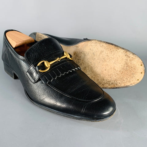 GUCCI Size 10.5 Black Gold Leather Moccasin Loafers