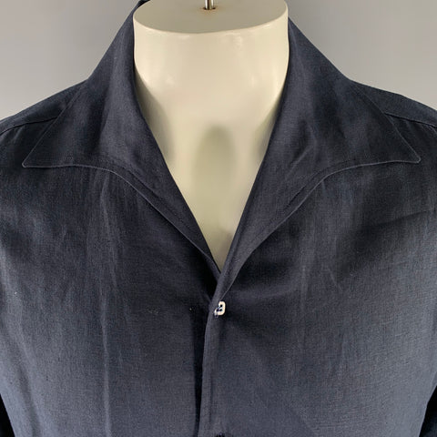 CAPRI Size XL Navy Linen Camp Long Sleeve Shirt