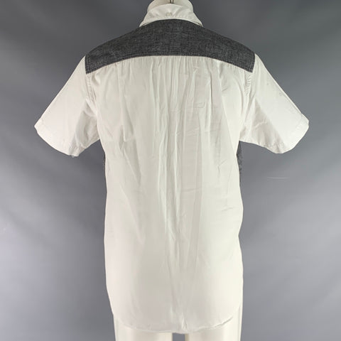 GANRYU Size S Grey White Cotton Patch Pockets Short Sleeve Shirt