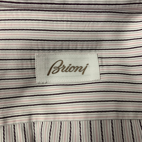BRIONI Size XL White Brown Pink Stripe Cotton French Cuff Long Sleeve Shirt