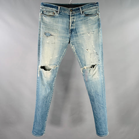JOHN ELLIOTT Size 34 Blue Distressed Cotton Blend Button Fly Jeans