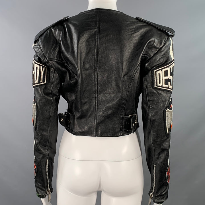 JOHN RICHMOND Size M Black Silver Leather Patches Zip Pockets Biker Jacket