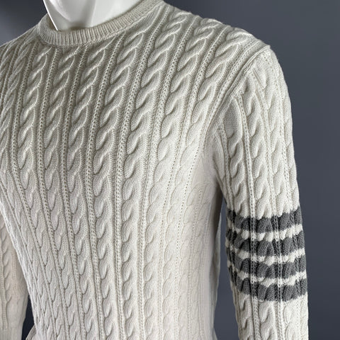 THOM BROWNE Size M White Grey Cotton Cable Knit Sweater