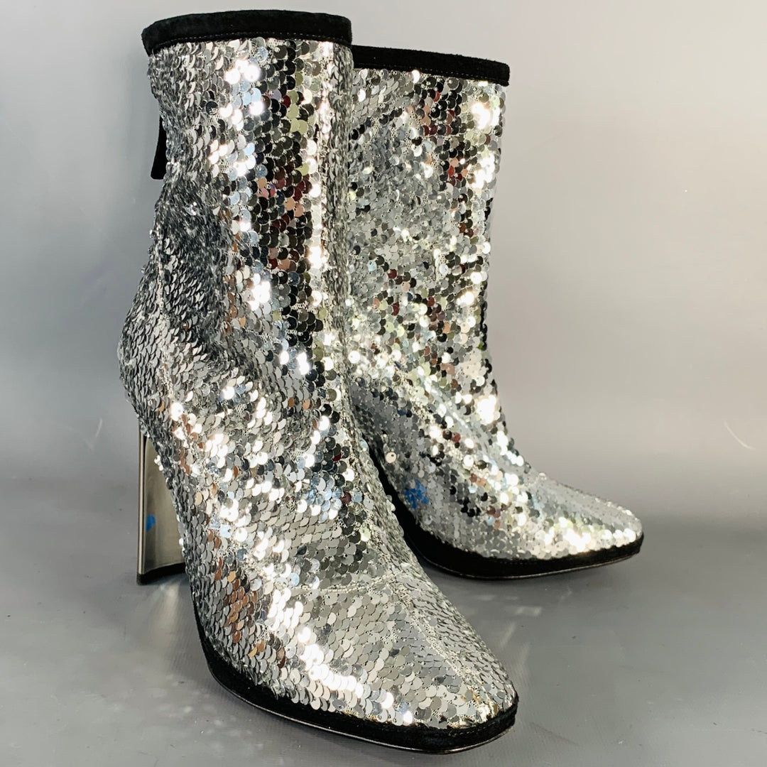GIUSEPPE ZANOTTI Size 7.5 Silver Black Sequined Back Zip Booties