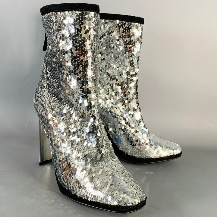 GIUSEPPE ZANOTTI Size 7.5 Silver Black Sequined Back Zip Booties