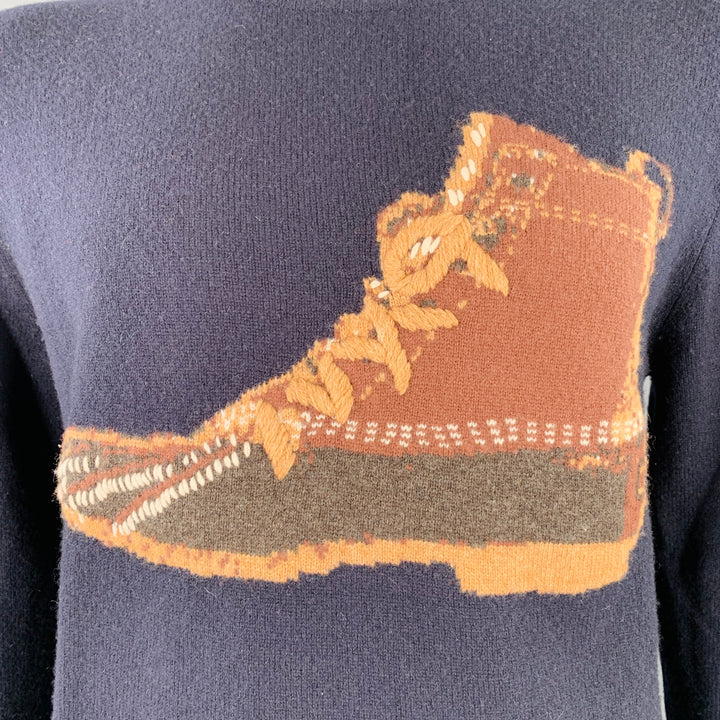 TODD SNYDER Size L Navy Brown Embroidery Merino Wool Boot Sweater