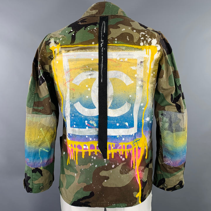 NO BRAND Size XL Green Multi Color Camouflage Handpainted Cotton Blend Jacket