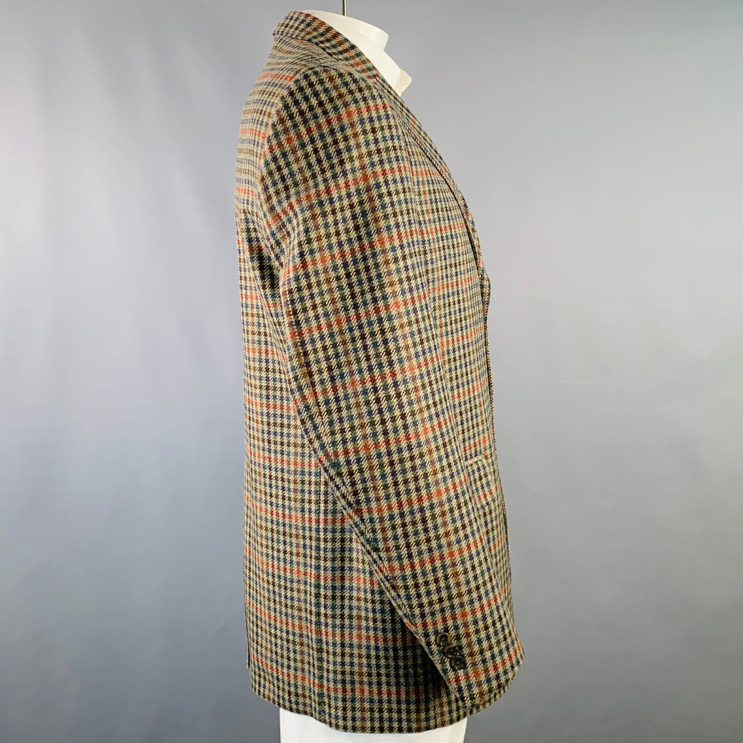 O'CONNELL'S Size 42 Long Tan Red Blue Plaid Wool Notch Lapel Sport Coat