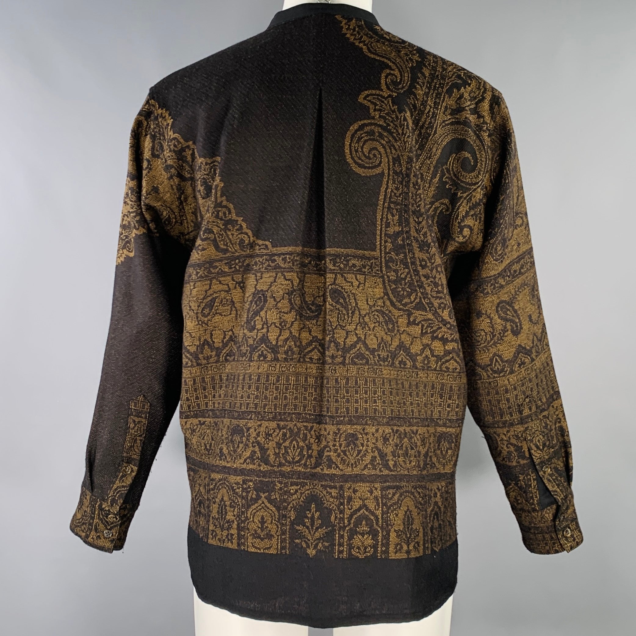 トップス YANTOR Paisley Jacquard Wool Shirts YANTOR Size M Brown Black Paisley Wool Collarless Long