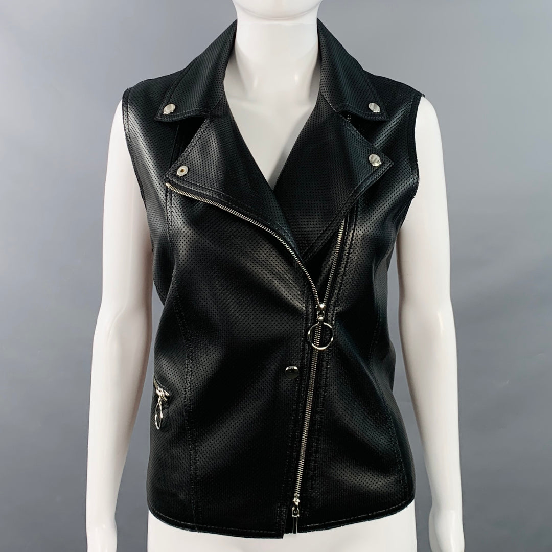 AKRIS Size 8 Black Perforated Lambskin Leather Zip Up Vest