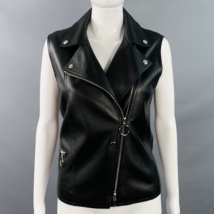 AKRIS Size 8 Black Perforated Lambskin Leather Zip Up Vest