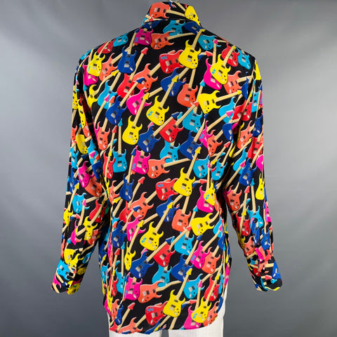 BILLIONAIRE COUTURE Size XL Black Multi Color Guitars Silk Long Sleeve Shirt