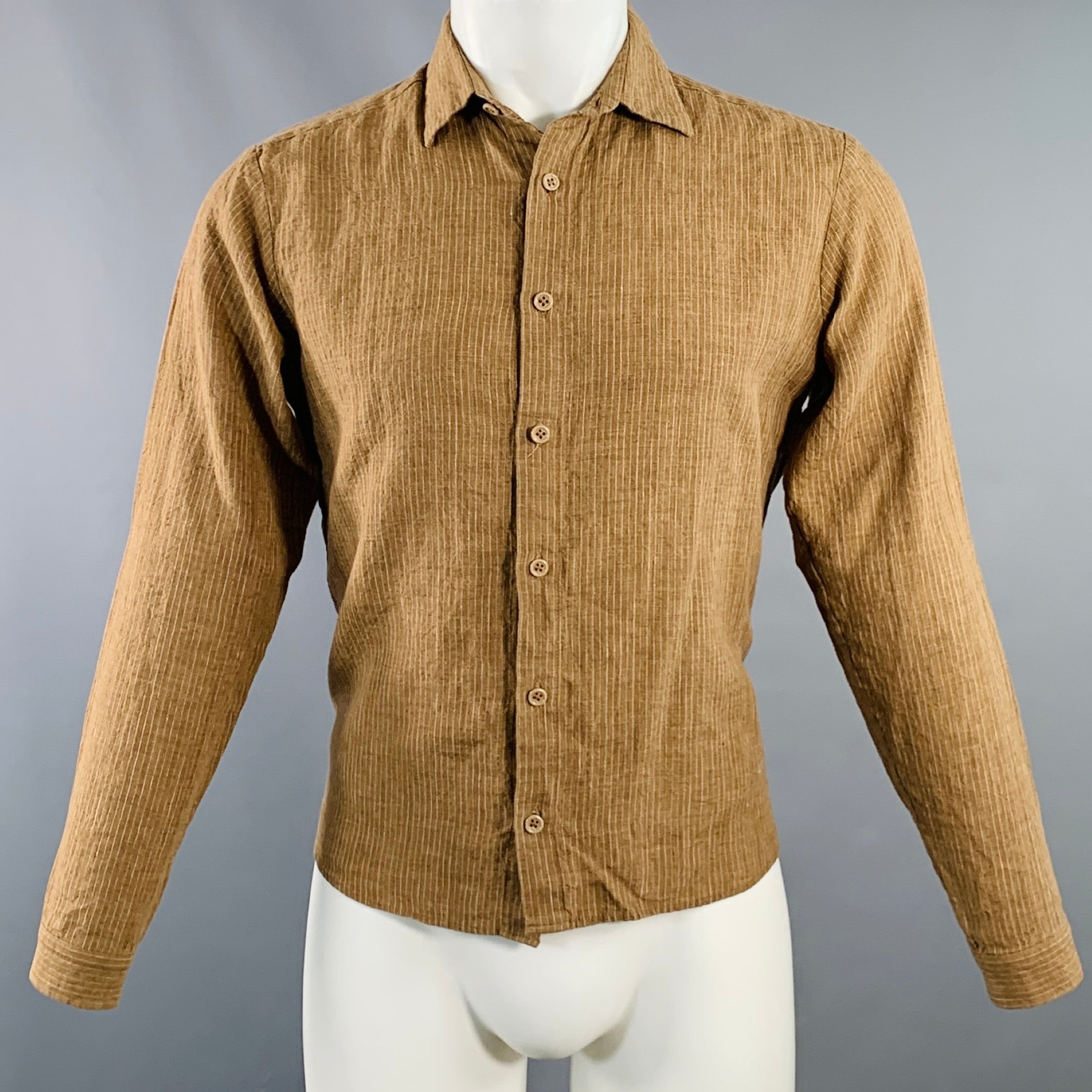 FRANK LEDER Size S Brown White Stripe Linen Spread Collar Long