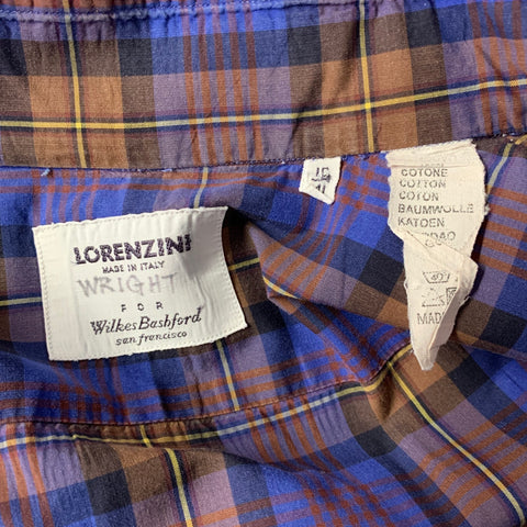 LORENZI Size XL Purple Brown Plaid Cotton Spread Collar Long Sleeve Shirt